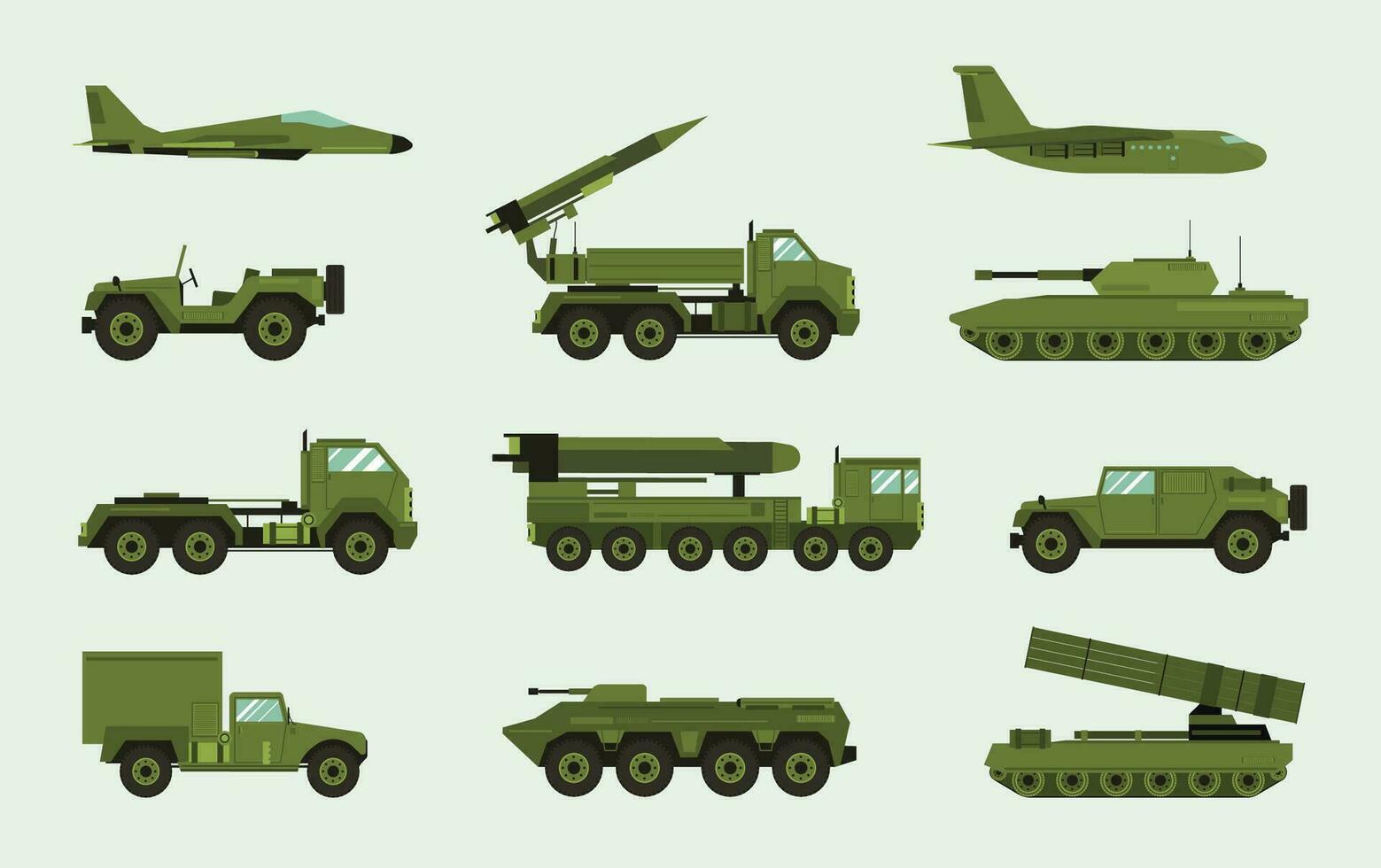 Set of different military transport. Modern equipment collection, fighting machine, air defense, car, truck, tank, armored vehicles, artillery pieces. Vector illustration in flat style