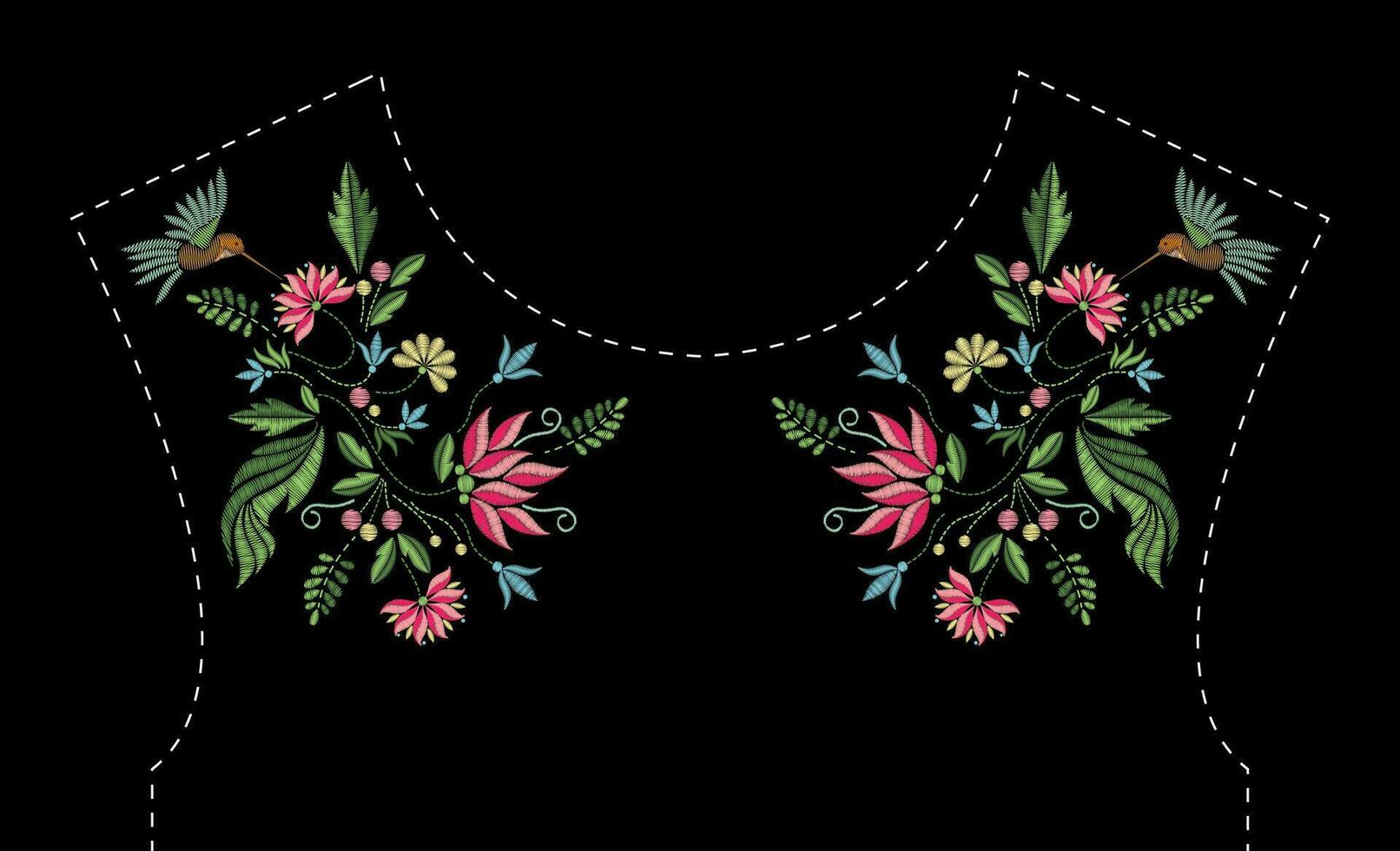 Satin stitch embroidery design with flowers and birds. Folk line floral trendy pattern for dress neckline. Ethnic fashion ornament for neck on black background. vector