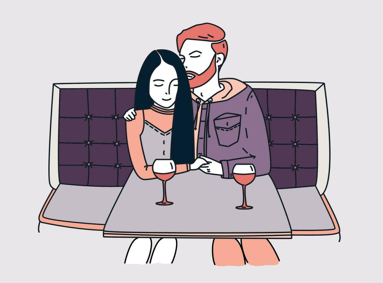 Young couple sits in a cafe and drinks wine. Romantic date. Red-haired guy hugs girl. Lineart colorful flat illustration. vector