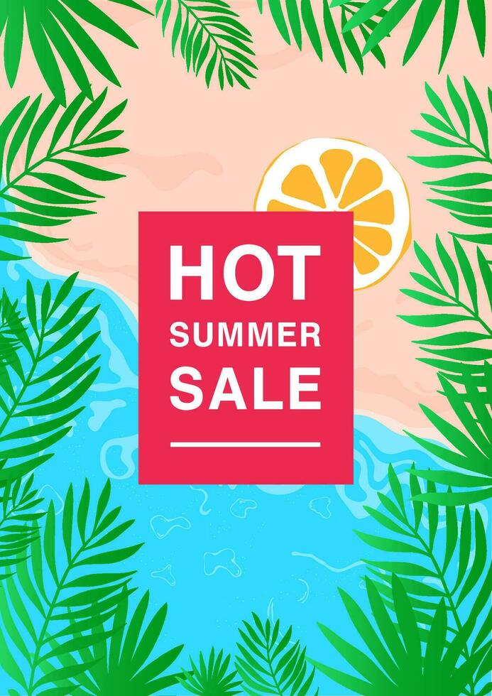 Vertical poster on hot summer sale theme. Bright promotional flyer with seashore, beach and palm leaves, lemon slice. Colorful advertising vector illustration with lettering.