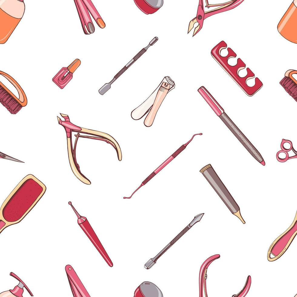 Manicure equipment seamless pattern. Hand drawn colorful background. vector