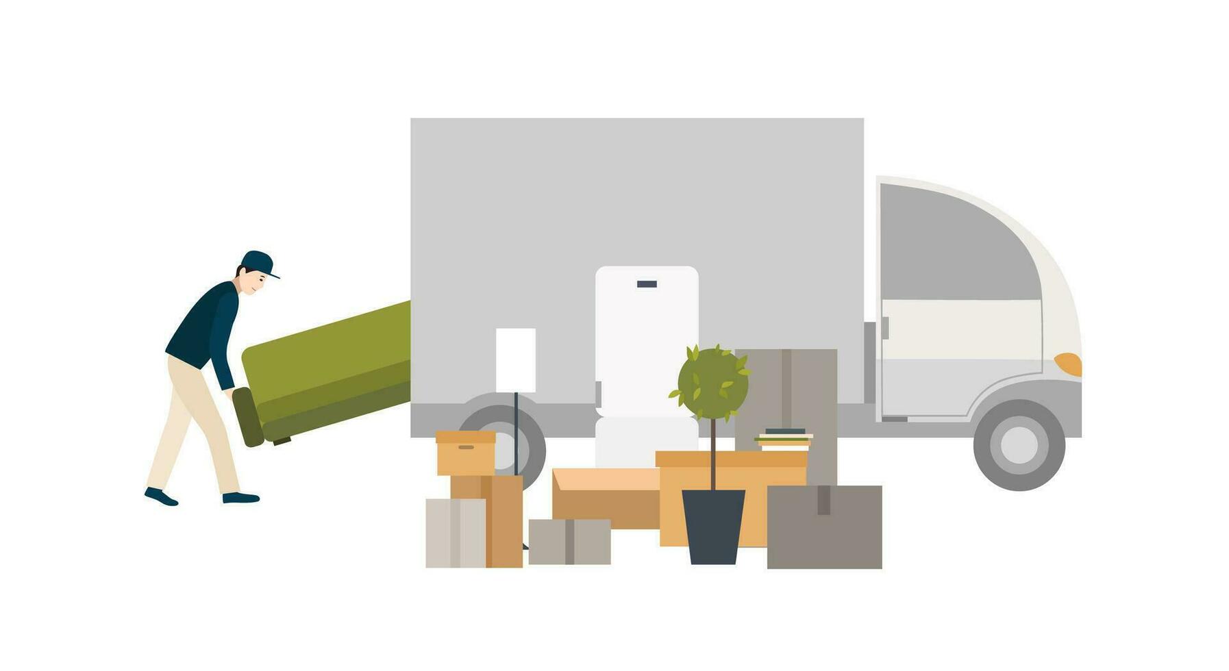 trabajador cargando cosas para transporte. Moviente dentro un nuevo casa. dibujos animados ilustración en plano estilo. vector