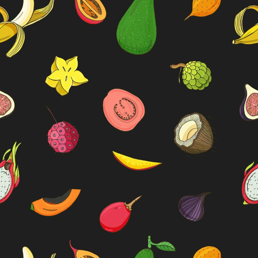 Seamless pattern with exotic tropical fruits. Black vector background.