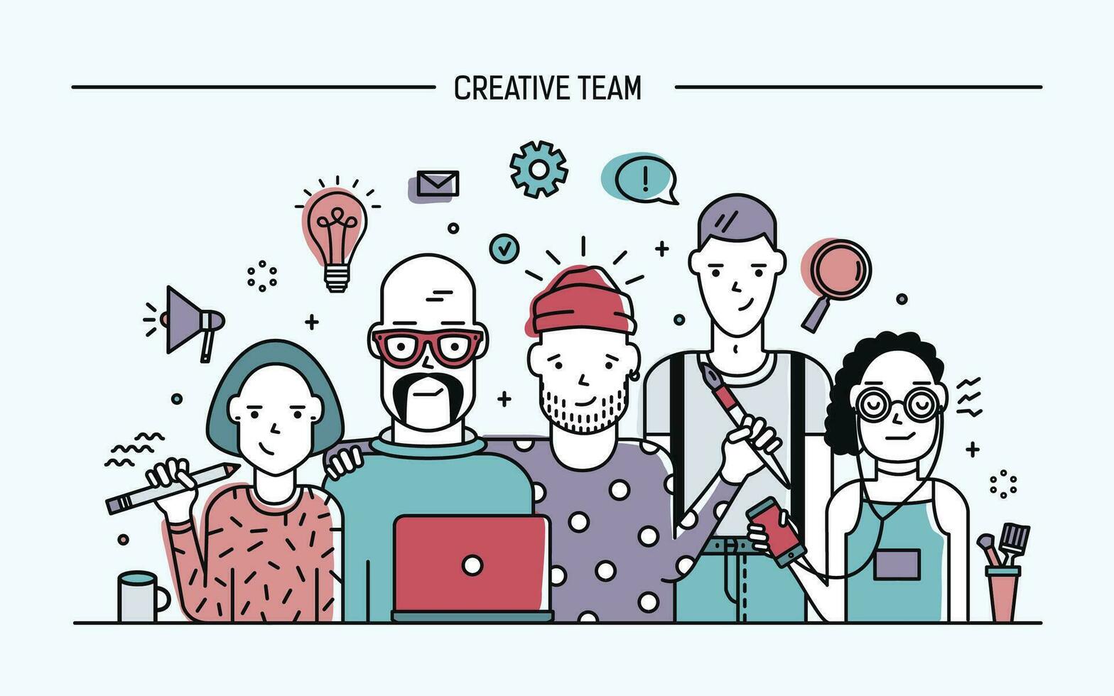 Creative business team concept. Banner with teamwork command. Young designers, girls and guys cv. Lineart colorful flat illustration. vector