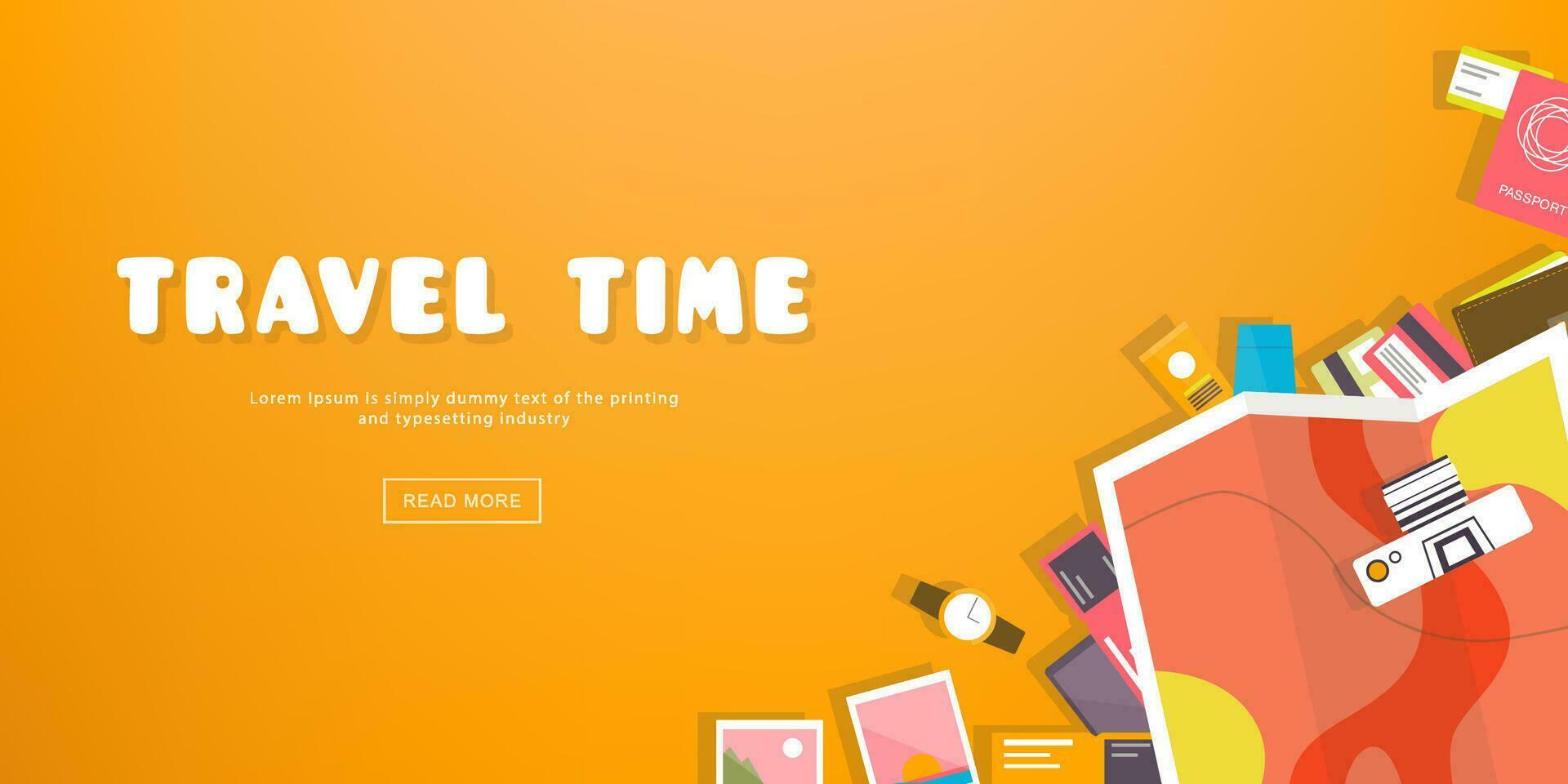 Travel time. Horizontal advertising banner on theme travel, vacation. Preparing for journey. Orange backdrop with things necessary traveler. Top view. Colorful vector background in flat style.
