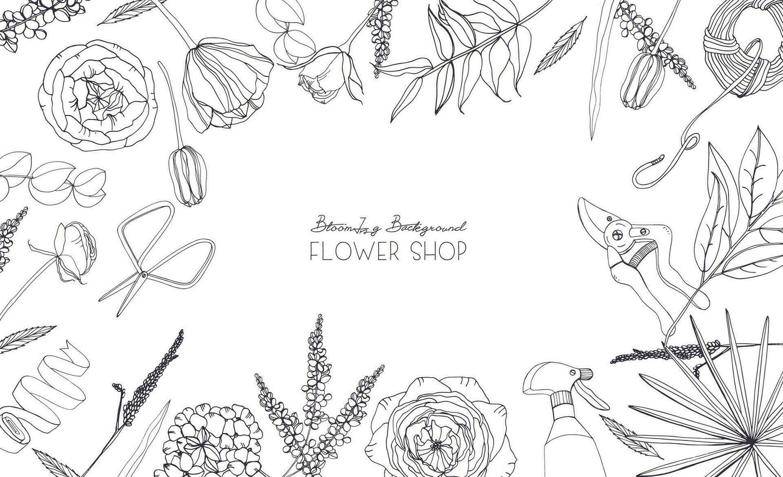 Horizontal background with flowers for advertising, floral shop, salon. Hand drawn monochrome composition with place for text. vector