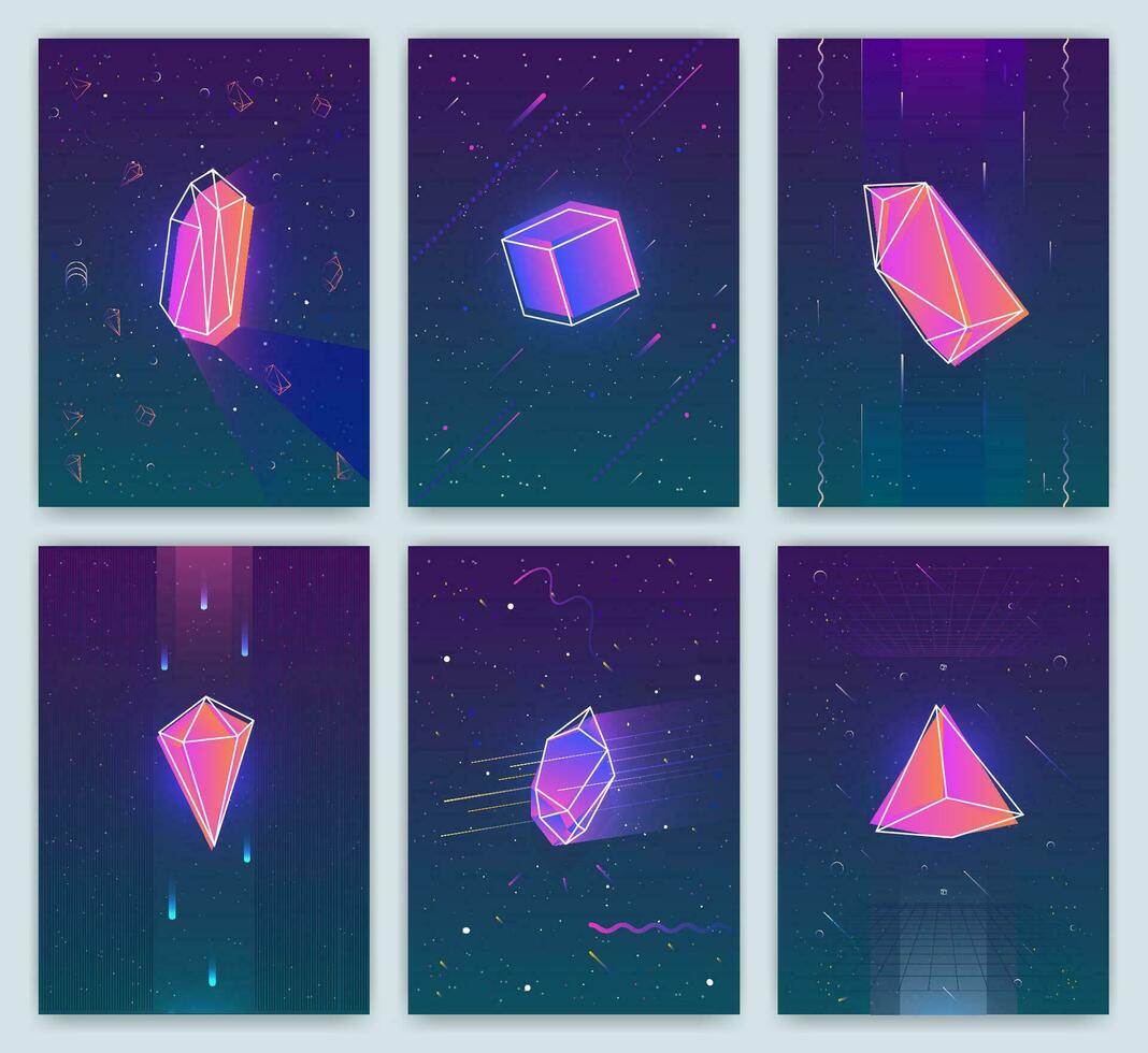 Bright backgrounds with retro futuristic neon space and crystals. Trendy posters of 80s style. vector cards collection.