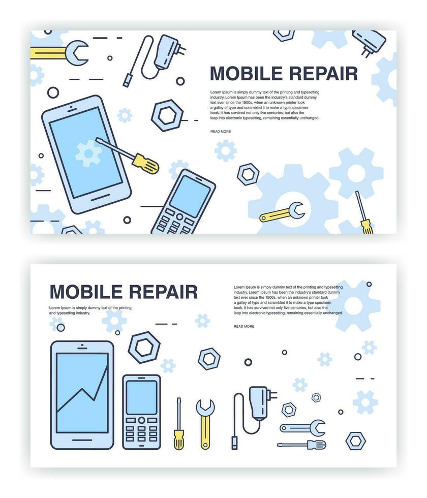 Mobile phone repair. Banners with smartphone and tools. service electronic technic. vector