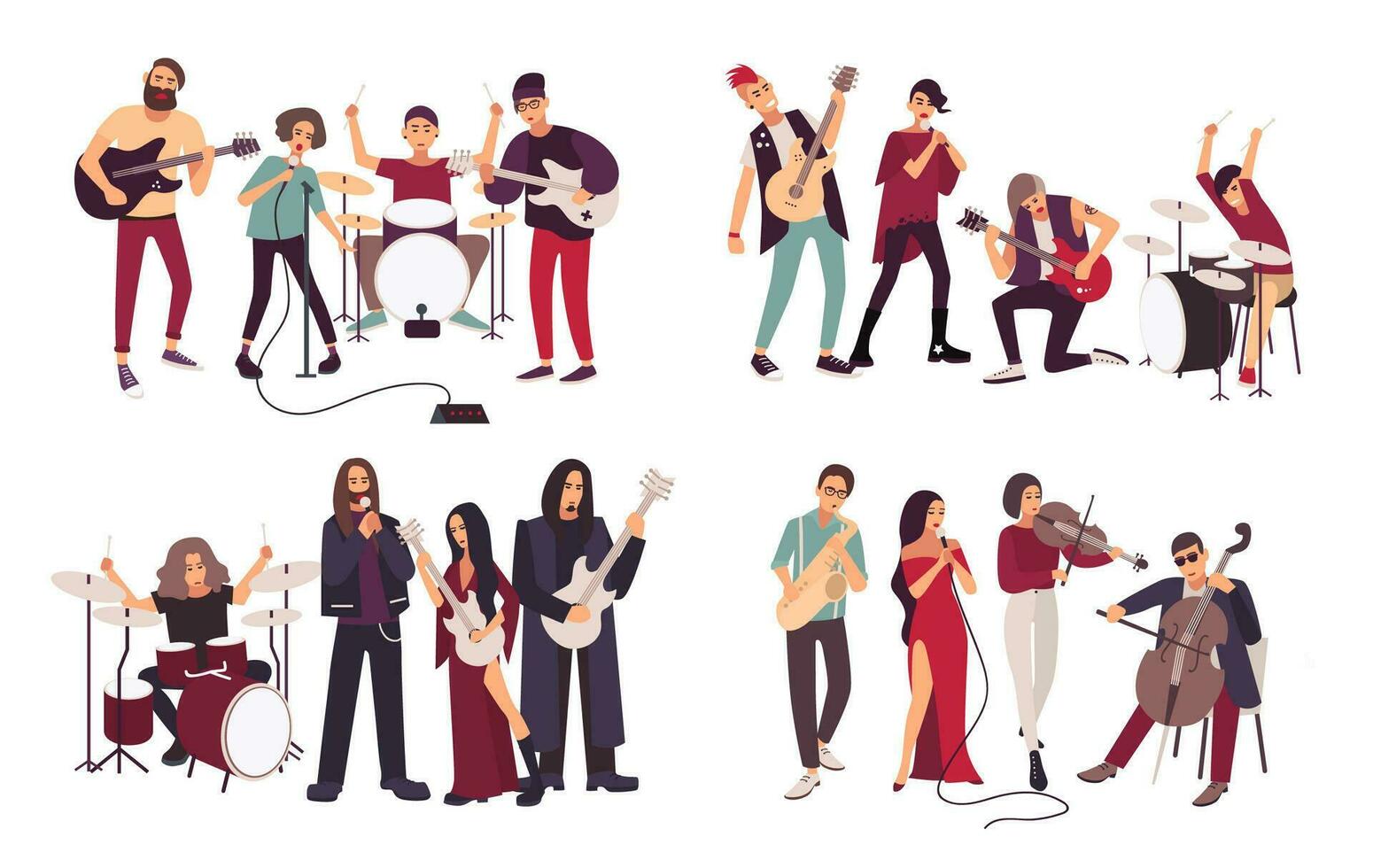 Different musical bands. Indie, metal, punk rock, jazz, cabaret. Young artists, musicians singing and playing music instruments. Colorful flat illustration set. vector