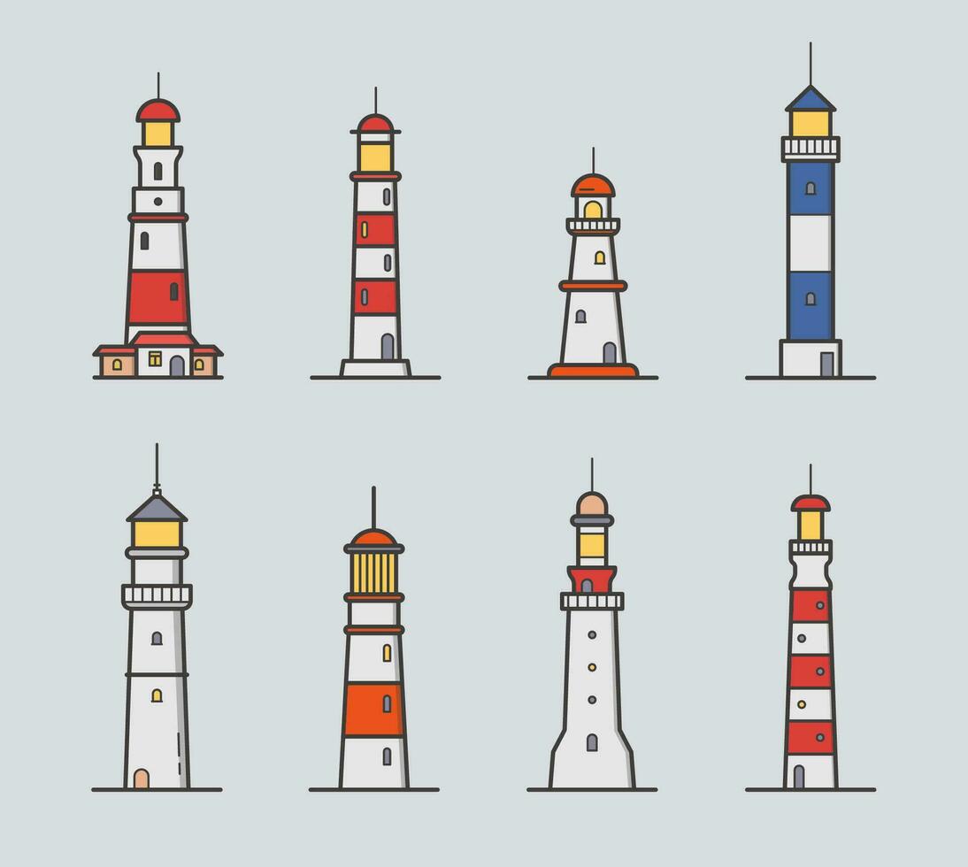 conjunto de diferente faro. vistoso vector ilustración colección en arte lineal estilo en gris antecedentes.