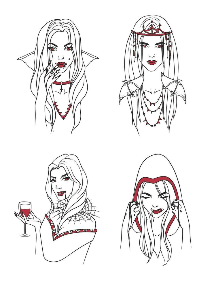 Vampire girl. Woman with fangs and blood. Collection stylish portrait halloween character. Hand drawn contour vector illustration.
