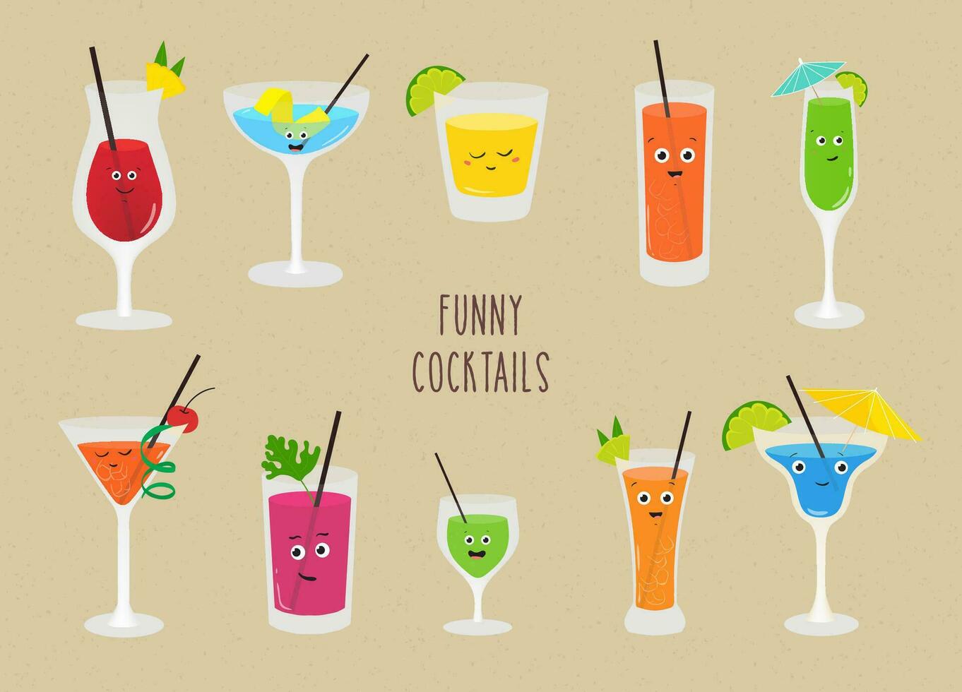 Set of funny cocktails. Colorful drinks in different glasses with straw. Vector illustration in cartoon style.