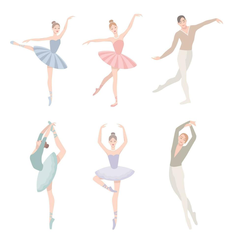 conjunto de ballet bailarín. vector ilustración en plano estilo. niña y chico en tutu vestido, diferente coreográfico posición recopilación.