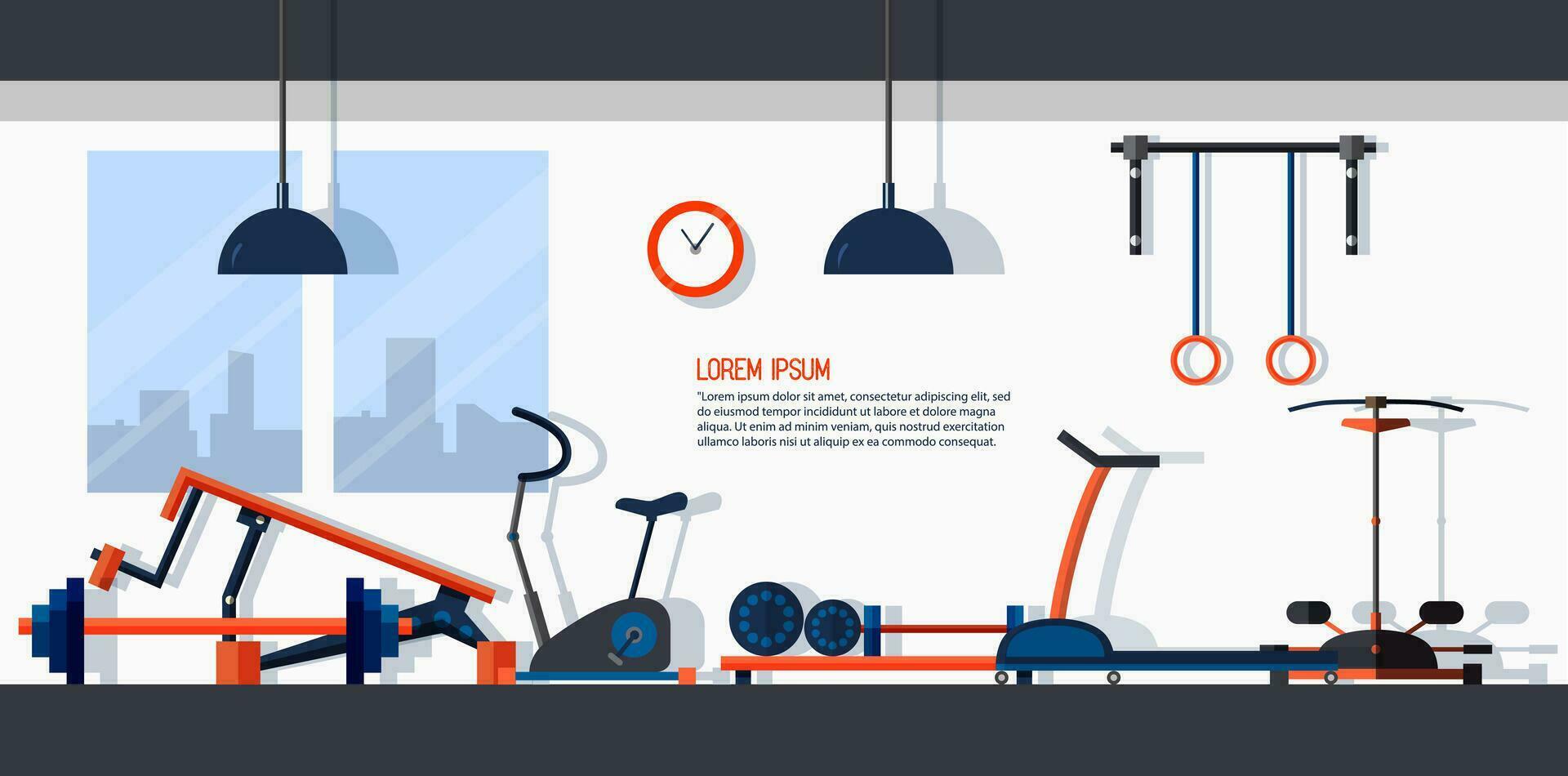 Horizontal banner with gym interior. Backdrop with sports equipments. Colorful vector template in flat style with place for text.