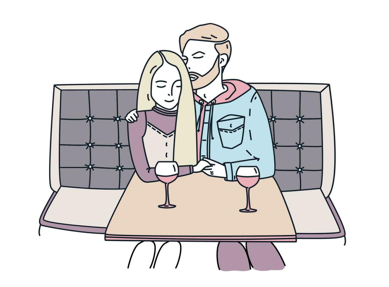 joven Pareja se sienta en un café y bebidas vino. romántico fecha. el chico abrazos el muchacha. arte lineal vistoso plano ilustración. vector