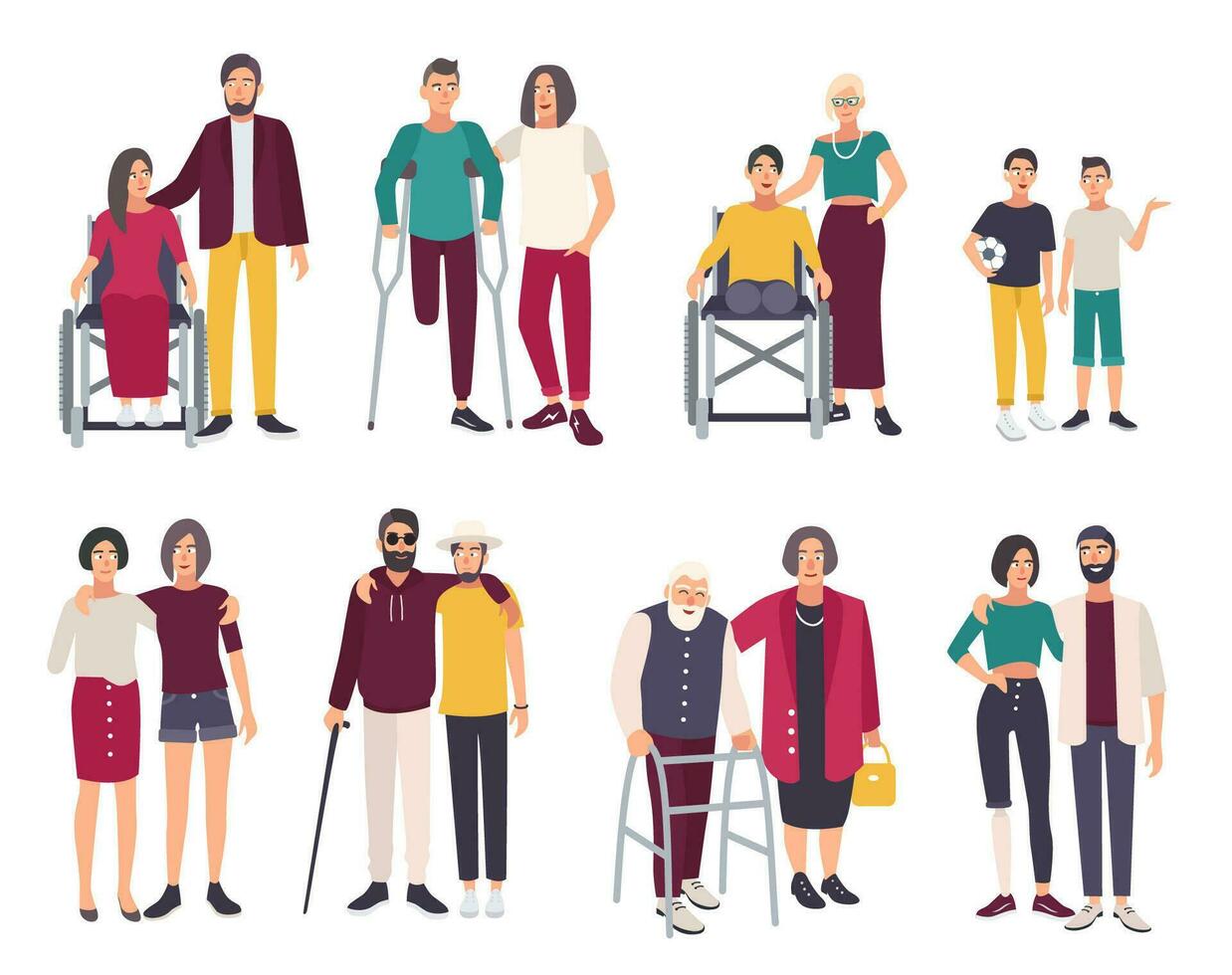 Happy disabled people with friends. Cartoon flat illustrations set. vector