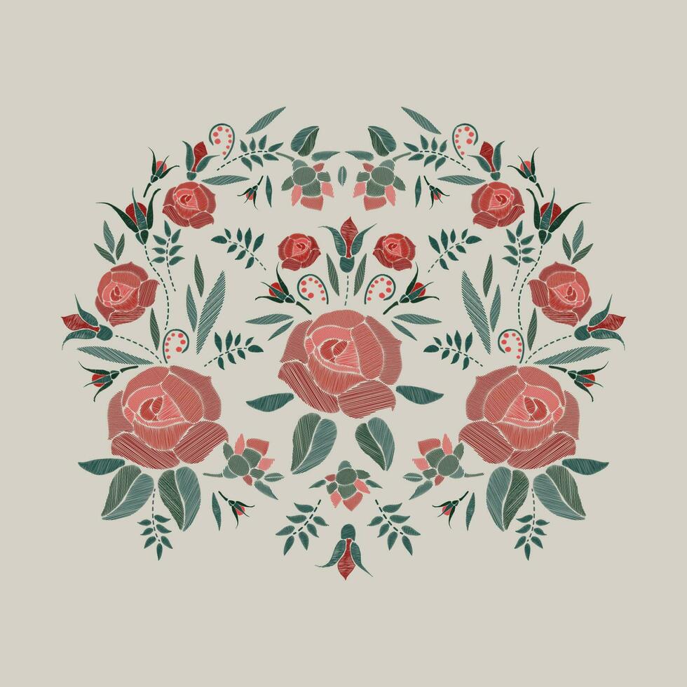 bordado composición con rosas flores, brotes y hojas. satín puntada bordado floral diseño en beige antecedentes. gente línea de moda modelo para ropa, vestido, decoración. vector