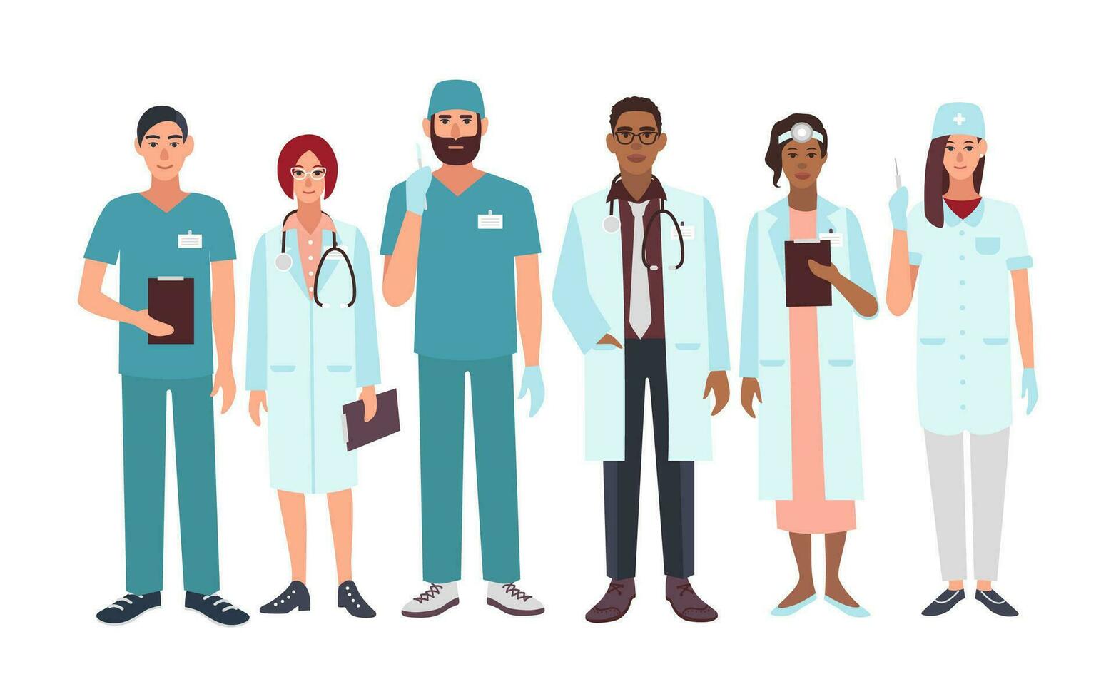 conjunto de doctores diferente especialización, enfermero, cirujano, terapeuta, otorrinolaringólogo. vector ilustración caracteres en plano estilo. un grupo hombre y mujer, médico trabajadores