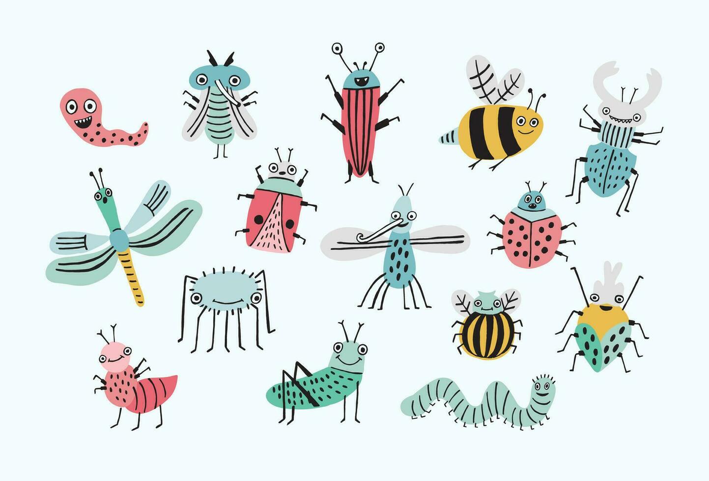 Funny bug set. Collection happy cartoon insects. Colorful hand drawn illustration. vector