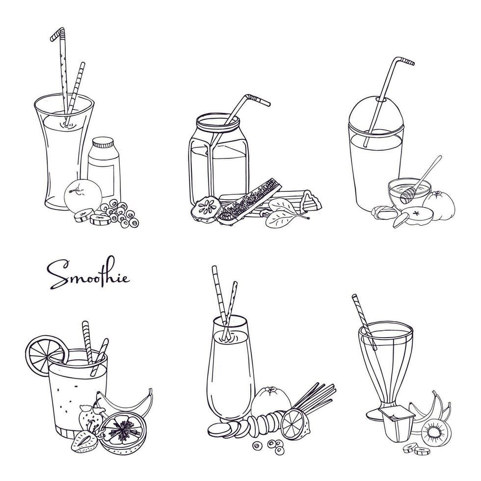 Different smoothie set. Collection of various summer drinks with fruits, berries, vegetables. Hand drawn vector illustration.