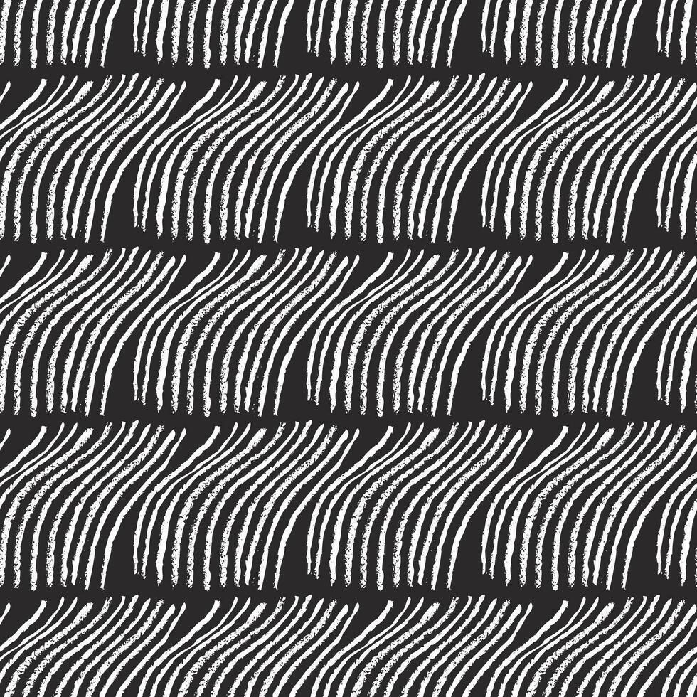 Doodle seamless pattern with abstract lines, waves, grass, seaweed. Hand drawn vector black and white illustration on dark background.