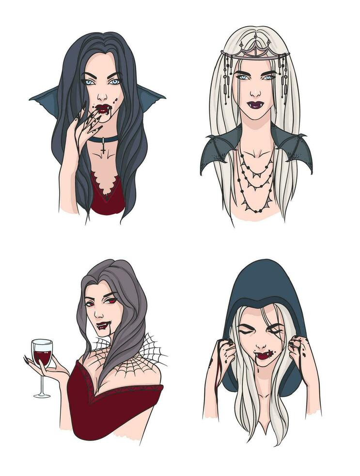 Set of various vampire girl. Woman with fangs and blood. Collection stylish portrait halloween character. Hand drawn vector illustration.