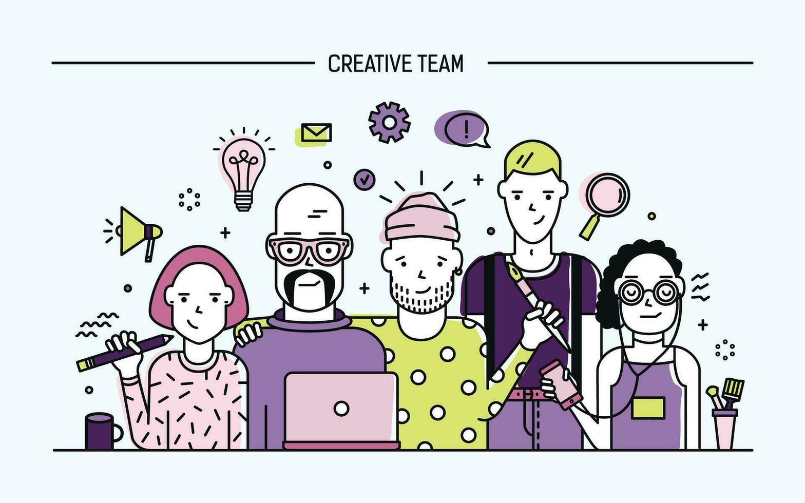 Creative business team concept. Banner with teamwork command. Young designers, girls and guys cv. Lineart flat illustration. vector
