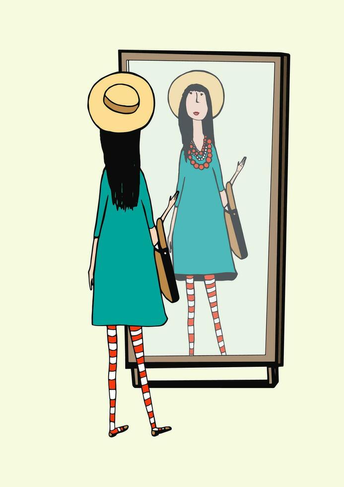 Fashionable girl looks in mirror. Woman with stylish, retro accessories, hat, striped tights, handbag. Hand drawn vector illustration.