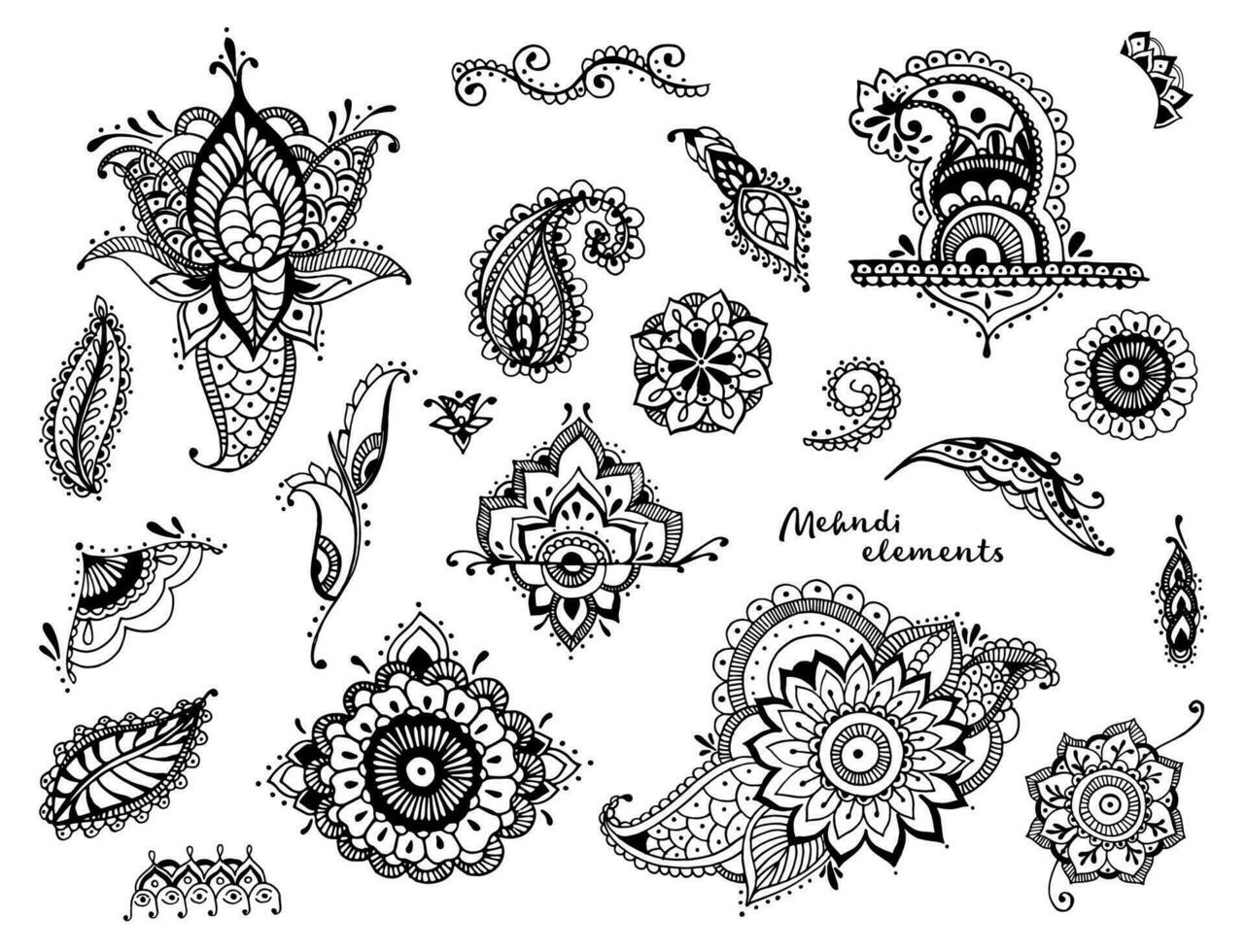 Set of hand drawn different mehndi elements. Stylized flowers, leaves, indian paisley collection. Black and white ethnic illustration. vector