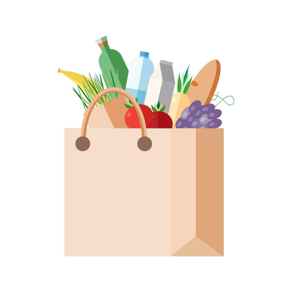 Paper bag with purchases. full packet with fresh food, vegetables, fruits, dairy products. Concept shopping in a grocery store, market. Colorful vector illustration.