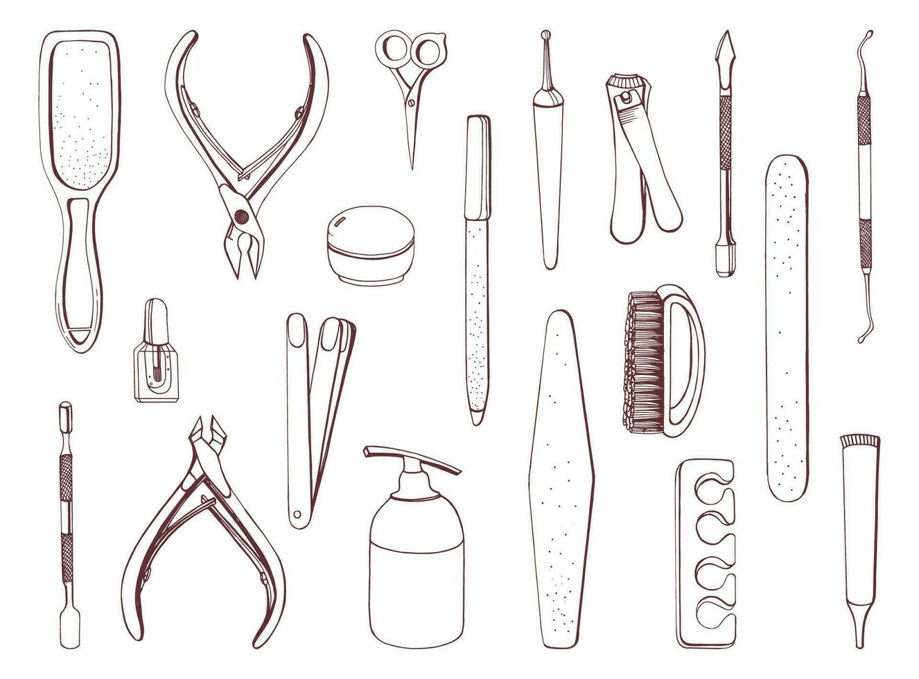 Manicure equipment set. Hand drawn contour collection. vector
