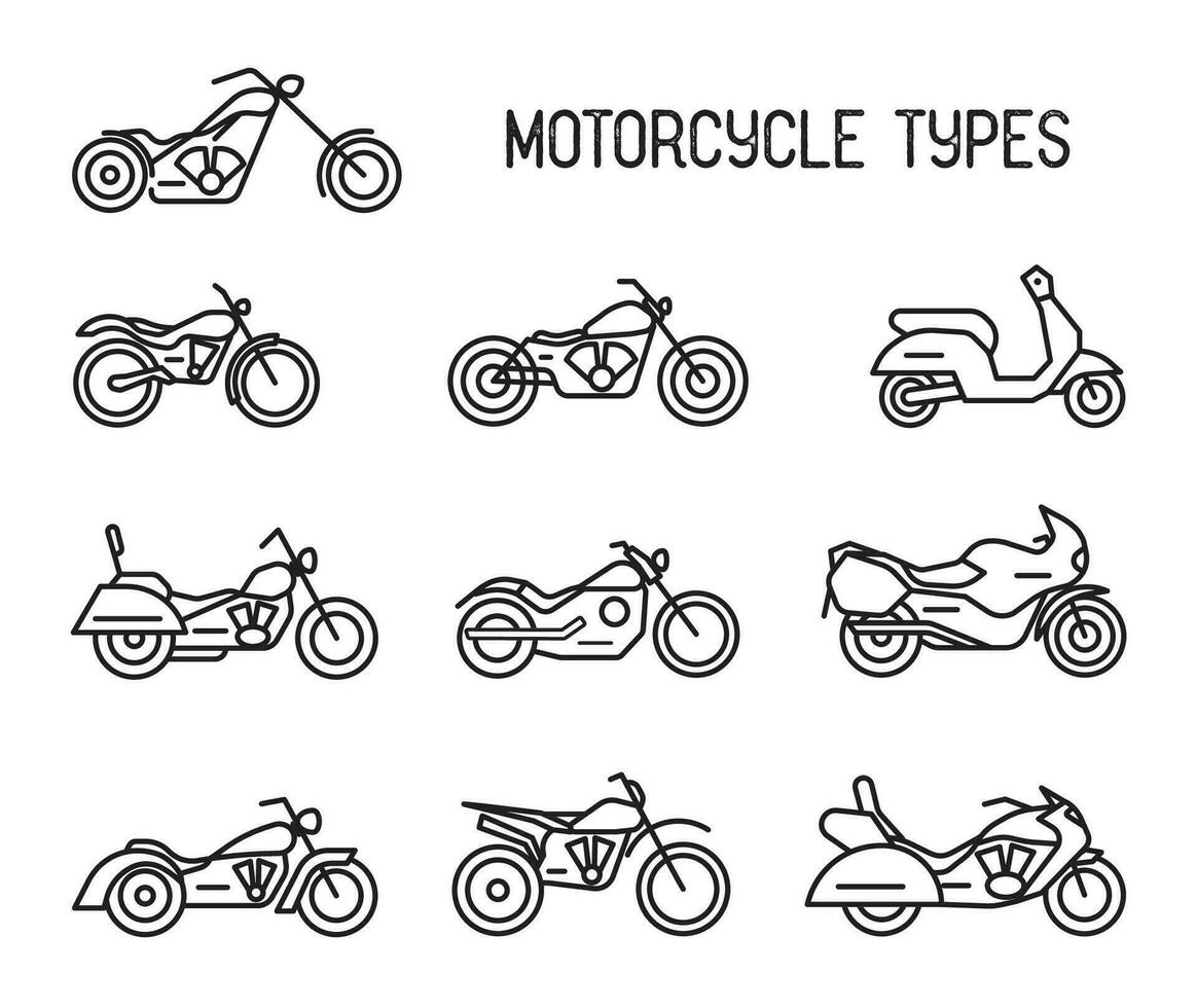 conjunto de diferente tipos de mototecnia. motos y ciclomotores, arte lineal iconos colección negro y blanco vector ilustraciones aislado en blanco antecedentes.