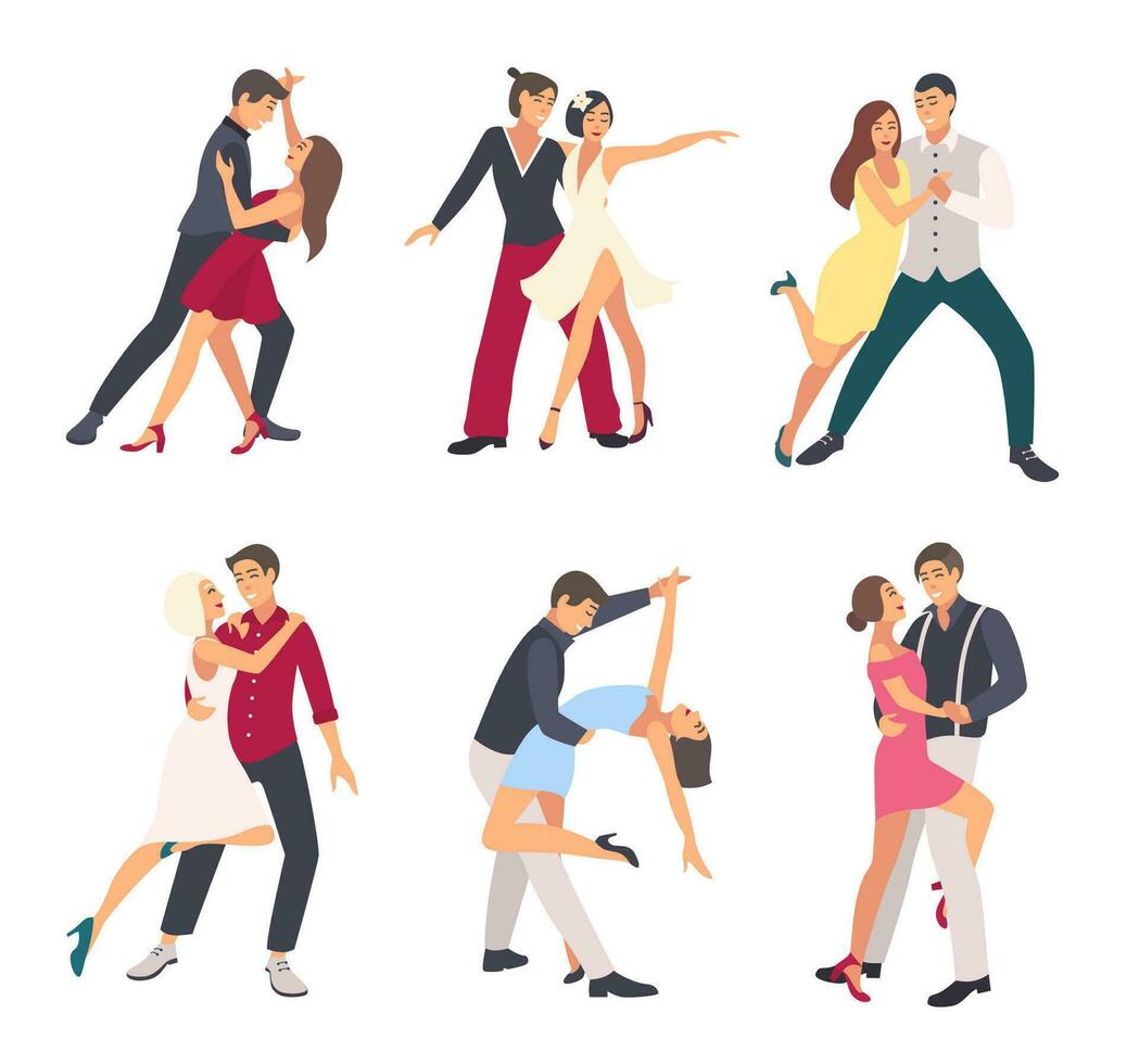 People dancing salsa. Couples, man and woman in dance, in different postures. Colorful flat illustration set. vector
