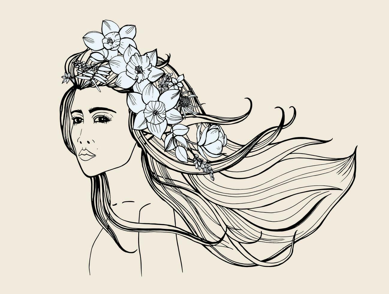 Moda mujer retrato. hermosa niña con flores, fluido cabello. contorno mano dibujado ilustración. vector