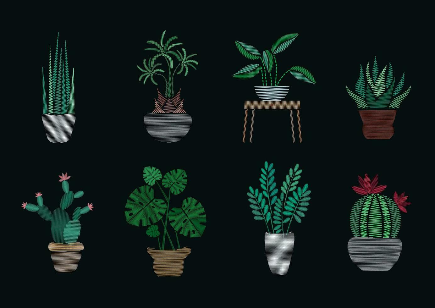 satín puntada bordado diseño plantillas recopilación. de moda plantas de interior en negro antecedentes. vector