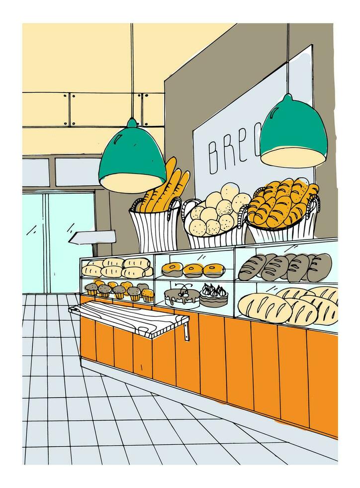 bread department hand drawn colorful illustration, store interior. vector