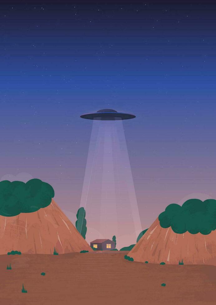 Alien ship arrival. UFO on the horizon, over the house. Cartoon style illustration. vector