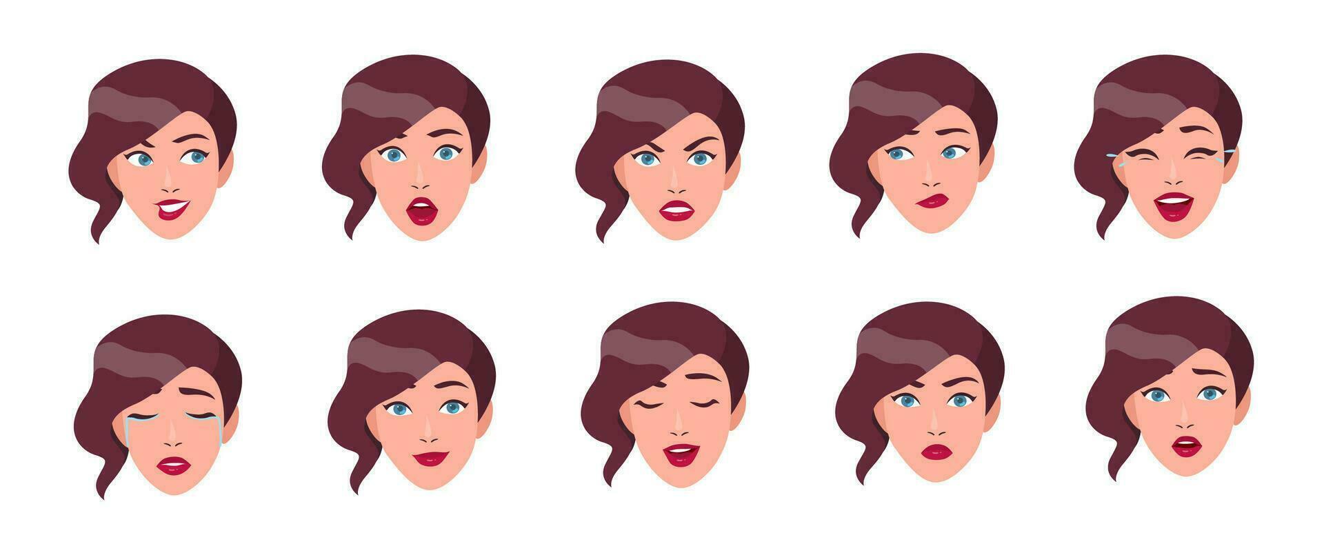 Set of woman's emotions. Girl face with different facial expression collection. Colorful vector illustration in flat style.
