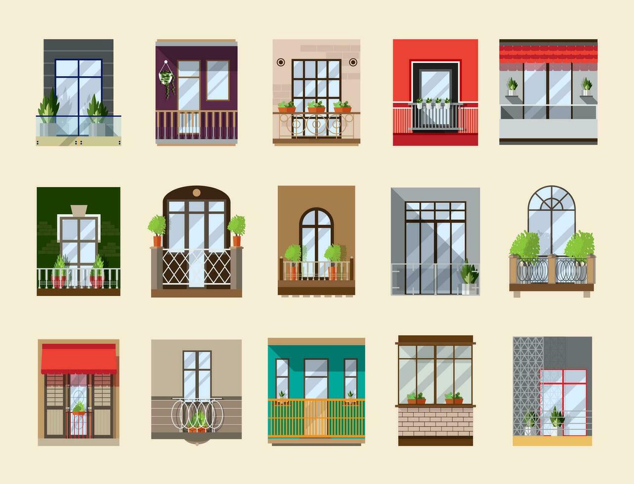 Balconies set. Collection with building facade elements in vintage and modern style. vector flat illustration.