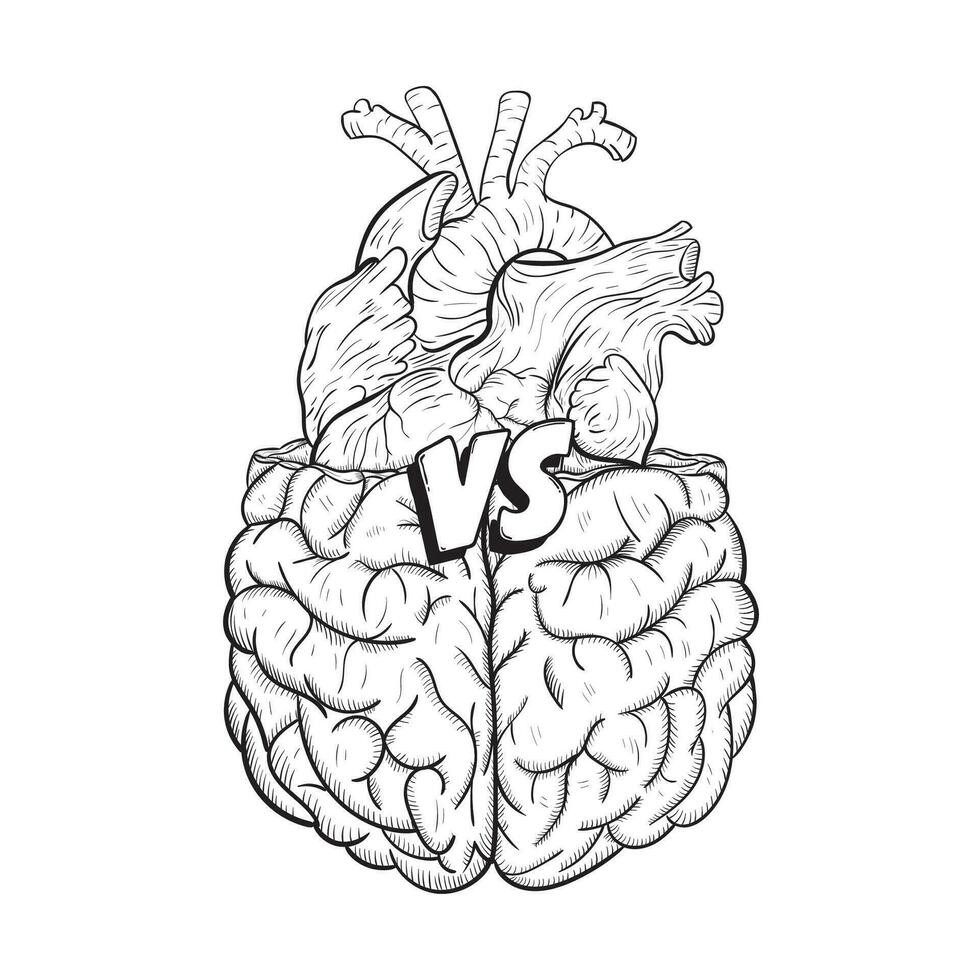 Heart vs brain. Concept of mind against love fight, difficult choice. Hand drawn black and white vector illustration.