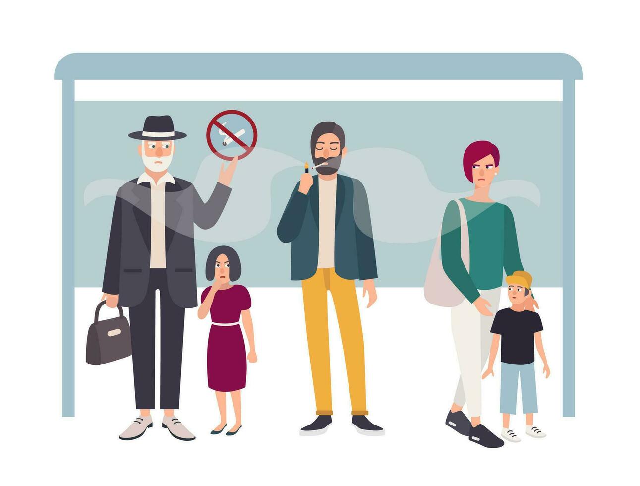 Passive smoking concept. Man smokes at a bus stop near non smoking people. Colorful vector illustration in flat style.