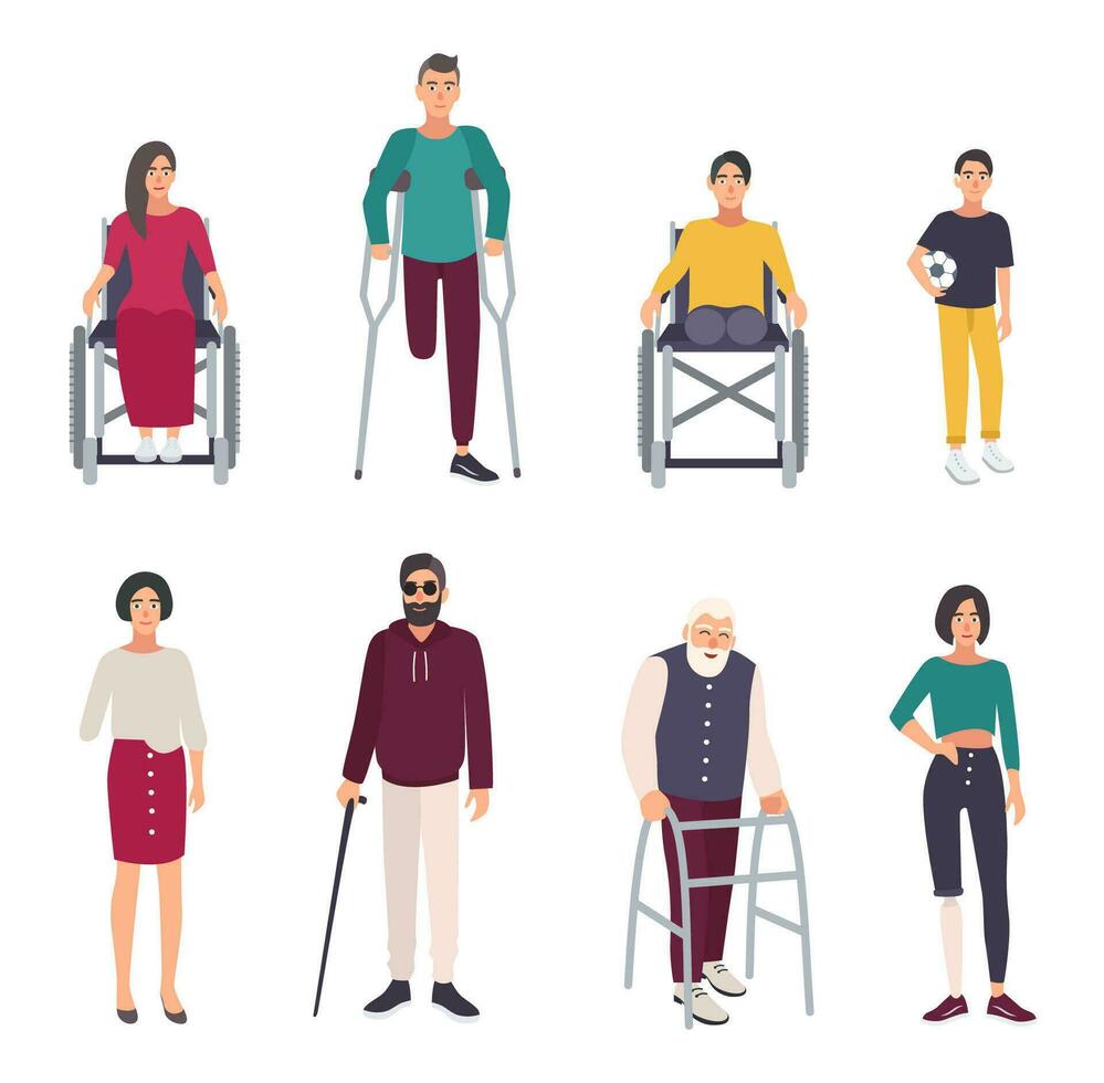 Different disabled people. Cartoon flat illustrations set. vector