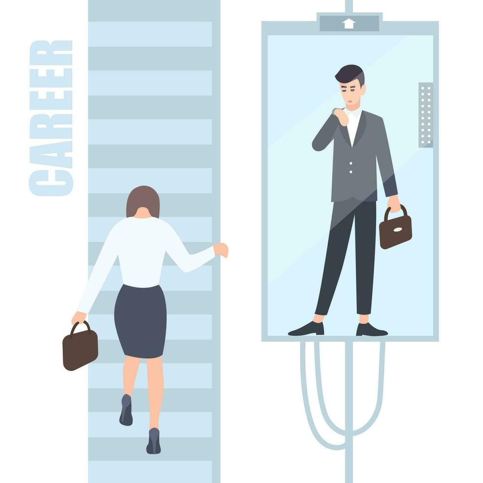 Gender inequality issues concept. Business woman and man climb the career ladder where different opportunities for males and females. Cartoon flat colorful illustration. vector