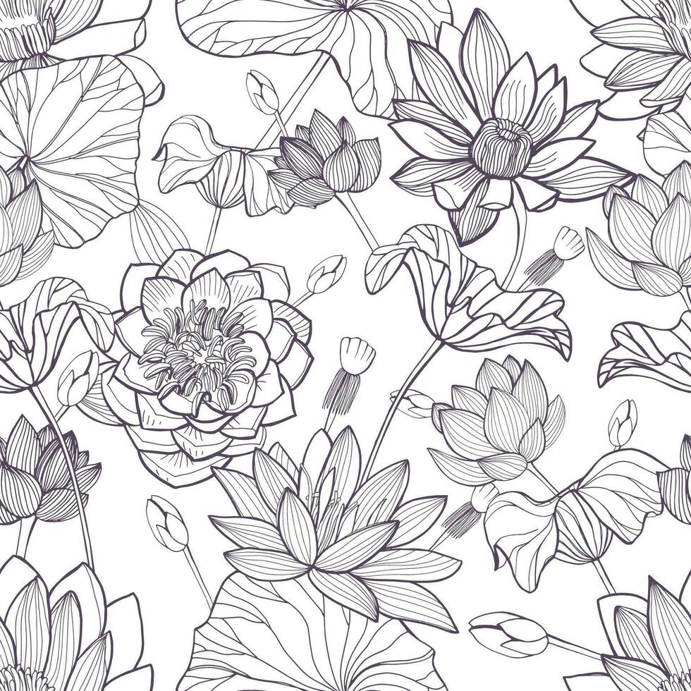 Lotus floral seamless pattern. Hand drawn monochrome background. vector