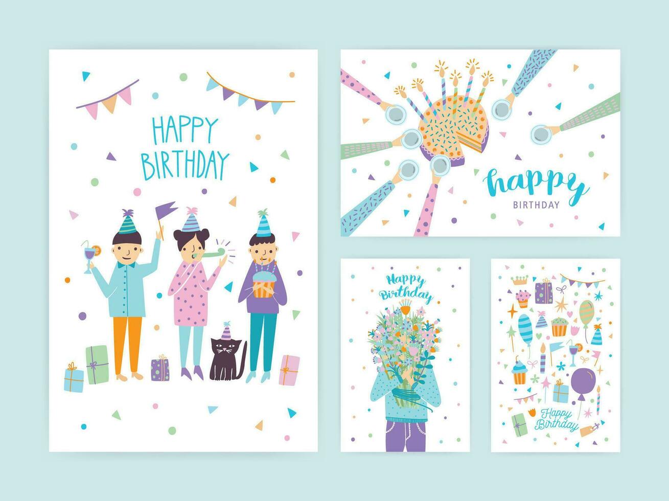 contento cumpleaños tarjetas colocar. colección de dibujos animados postales vector