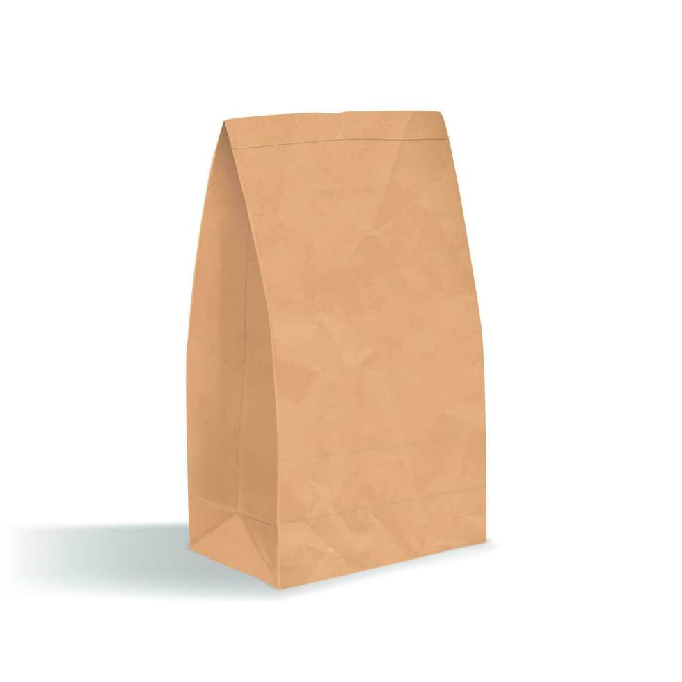 Empty brown paper bag. Realistic triangular kraft package with shadows isolated on white background. design template. vector