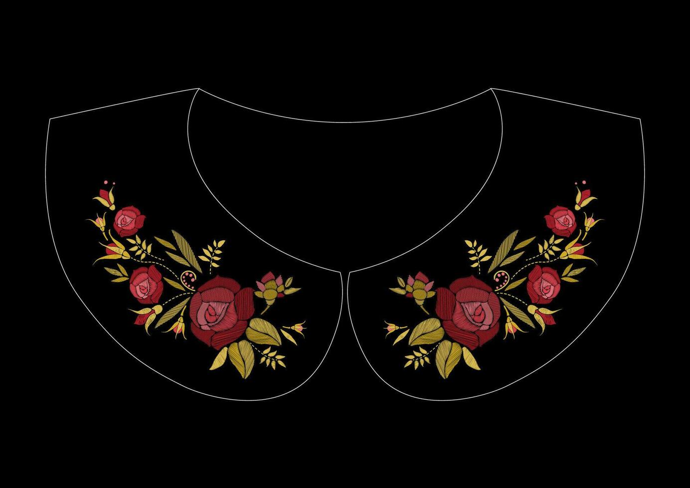 Satin stitch embroidery design with roses. Folk line floral trendy pattern for dress collar. Ethnic fashion ornament for neck on black background. vector