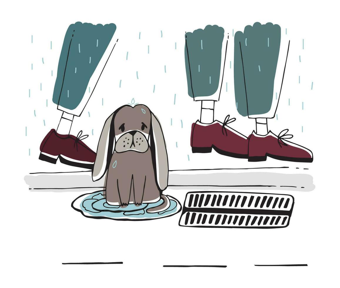 The stray dog at street. Homeless puppy with sad look under rain. Hand drawn vector illustration.