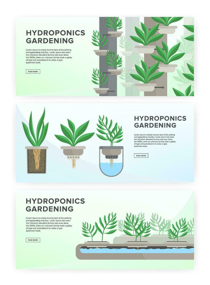 Hydroponic system, gardening technology. Collection of horizontal banners with place for text. vector