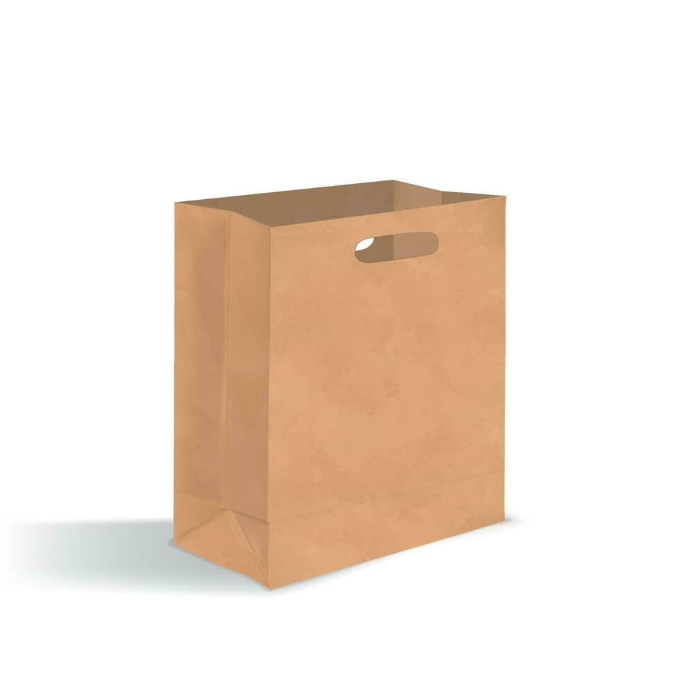 Empty brown paper bag with handles holes. Realistic kraft package with shadows isolated on white background. design template. vector